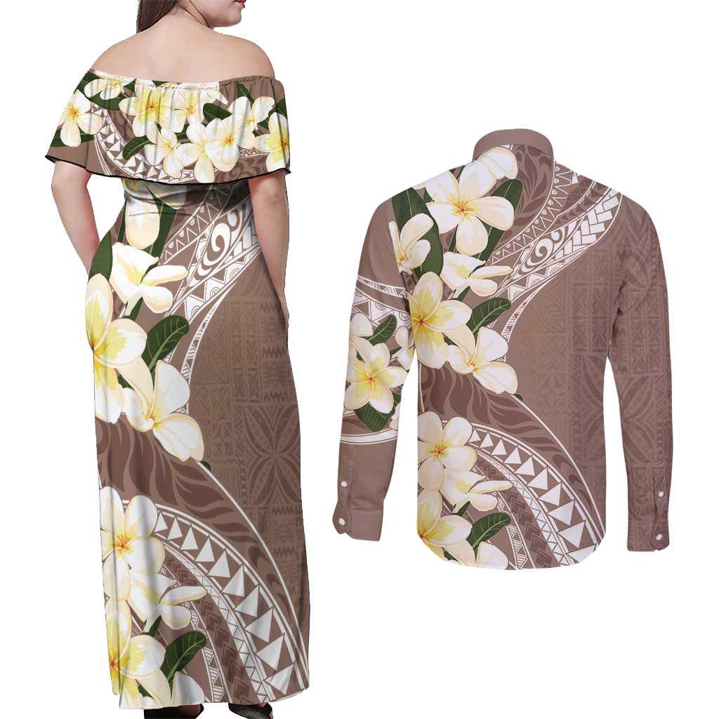 Aloha Hawaii Festive Couples Matching Off Shoulder Maxi Dress and Long Sleeve Button Shirt Frangipani Lace Classic - Beige LT7 - Polynesian Pride