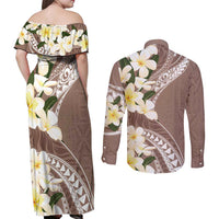 Aloha Hawaii Festive Couples Matching Off Shoulder Maxi Dress and Long Sleeve Button Shirt Frangipani Lace Classic - Beige LT7 - Polynesian Pride