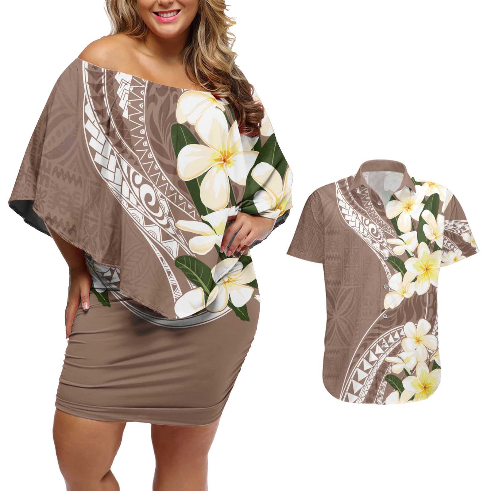 Aloha Hawaii Festive Couples Matching Off Shoulder Short Dress and Hawaiian Shirt Frangipani Lace Classic - Beige LT7 Beige - Polynesian Pride
