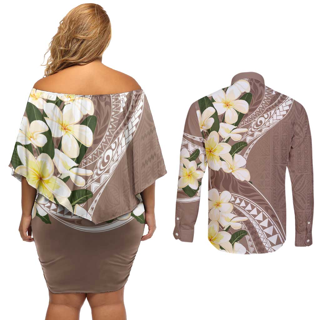 Aloha Hawaii Festive Couples Matching Off Shoulder Short Dress and Long Sleeve Button Shirt Frangipani Lace Classic - Beige LT7 - Polynesian Pride
