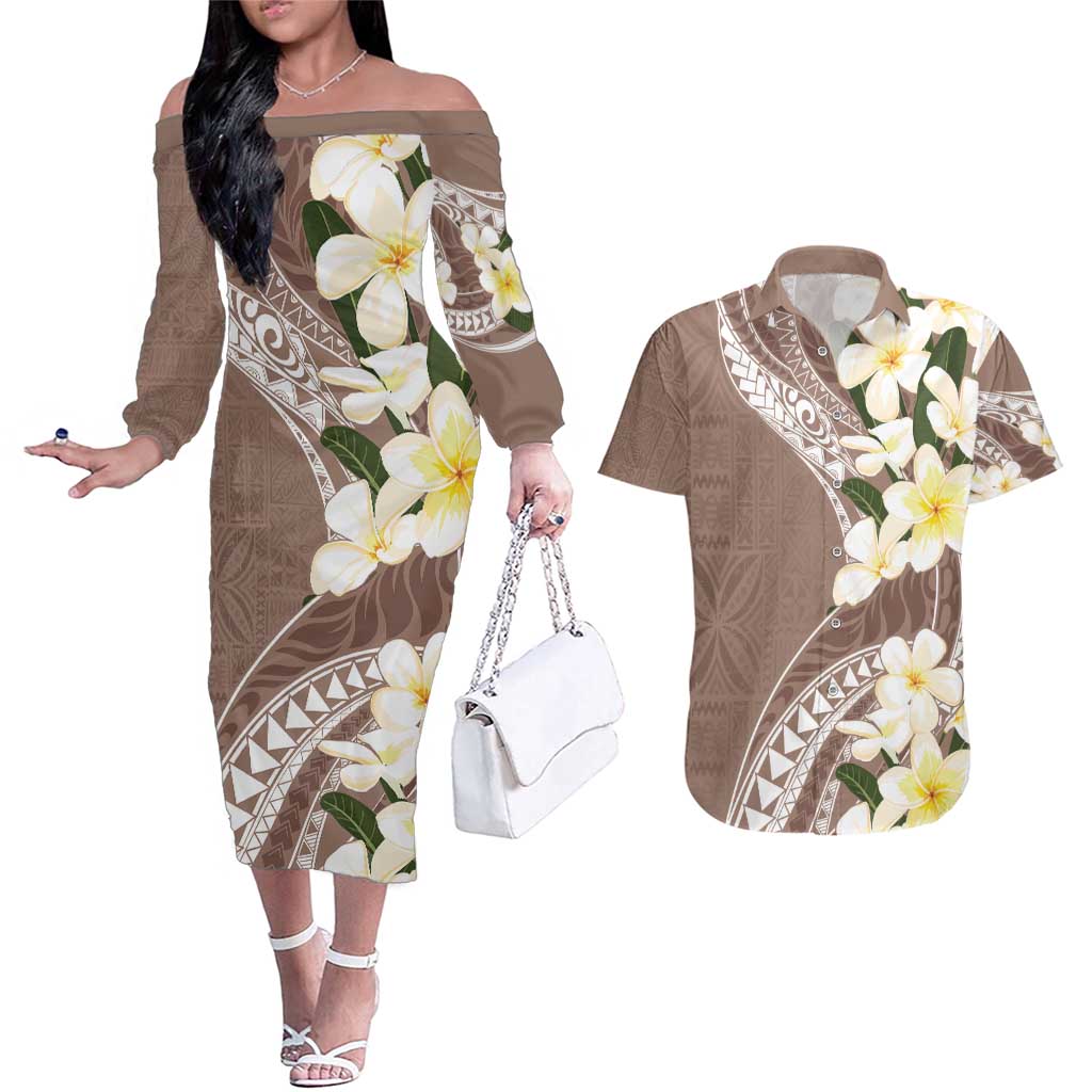 Aloha Hawaii Festive Couples Matching Off The Shoulder Long Sleeve Dress and Hawaiian Shirt Frangipani Lace Classic - Beige