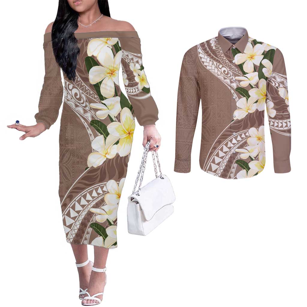 Aloha Hawaii Festive Couples Matching Off The Shoulder Long Sleeve Dress and Long Sleeve Button Shirt Frangipani Lace Classic - Beige LT7 Beige - Polynesian Pride