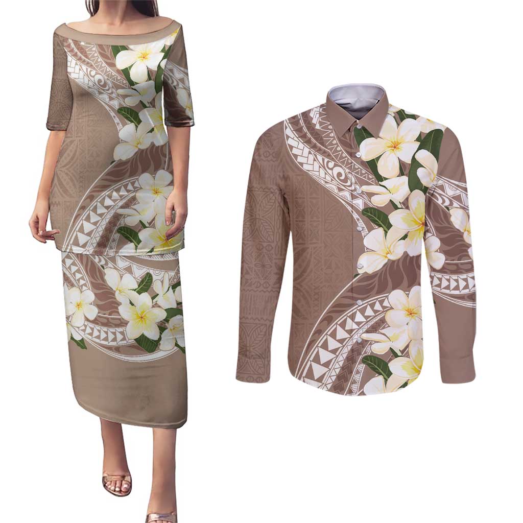 Aloha Hawaii Festive Couples Matching Puletasi and Long Sleeve Button Shirt Frangipani Lace Classic - Beige LT7 Beige - Polynesian Pride