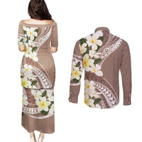 Aloha Hawaii Festive Couples Matching Puletasi and Long Sleeve Button Shirt Frangipani Lace Classic - Beige
