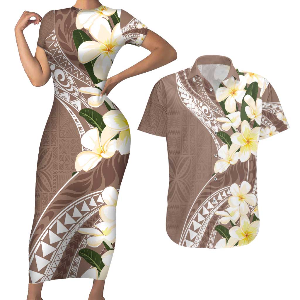 Aloha Hawaii Festive Couples Matching Short Sleeve Bodycon Dress and Hawaiian Shirt Frangipani Lace Classic - Beige