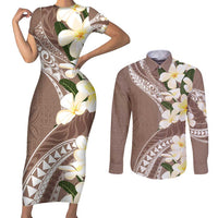 Aloha Hawaii Festive Couples Matching Short Sleeve Bodycon Dress and Long Sleeve Button Shirt Frangipani Lace Classic - Beige LT7 Beige - Polynesian Pride