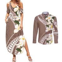 Aloha Hawaii Festive Couples Matching Summer Maxi Dress and Long Sleeve Button Shirt Frangipani Lace Classic - Beige LT7 Beige - Polynesian Pride