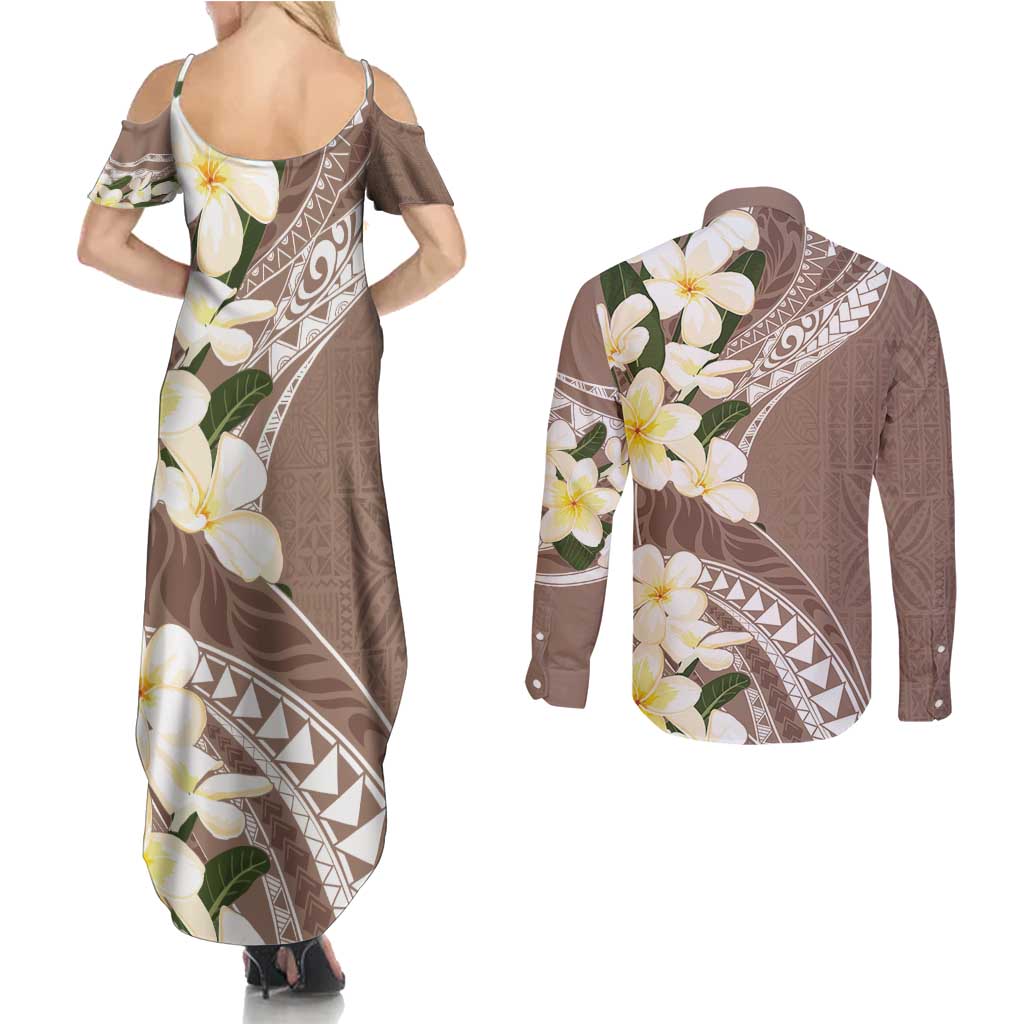 Aloha Hawaii Festive Couples Matching Summer Maxi Dress and Long Sleeve Button Shirt Frangipani Lace Classic - Beige LT7 - Polynesian Pride