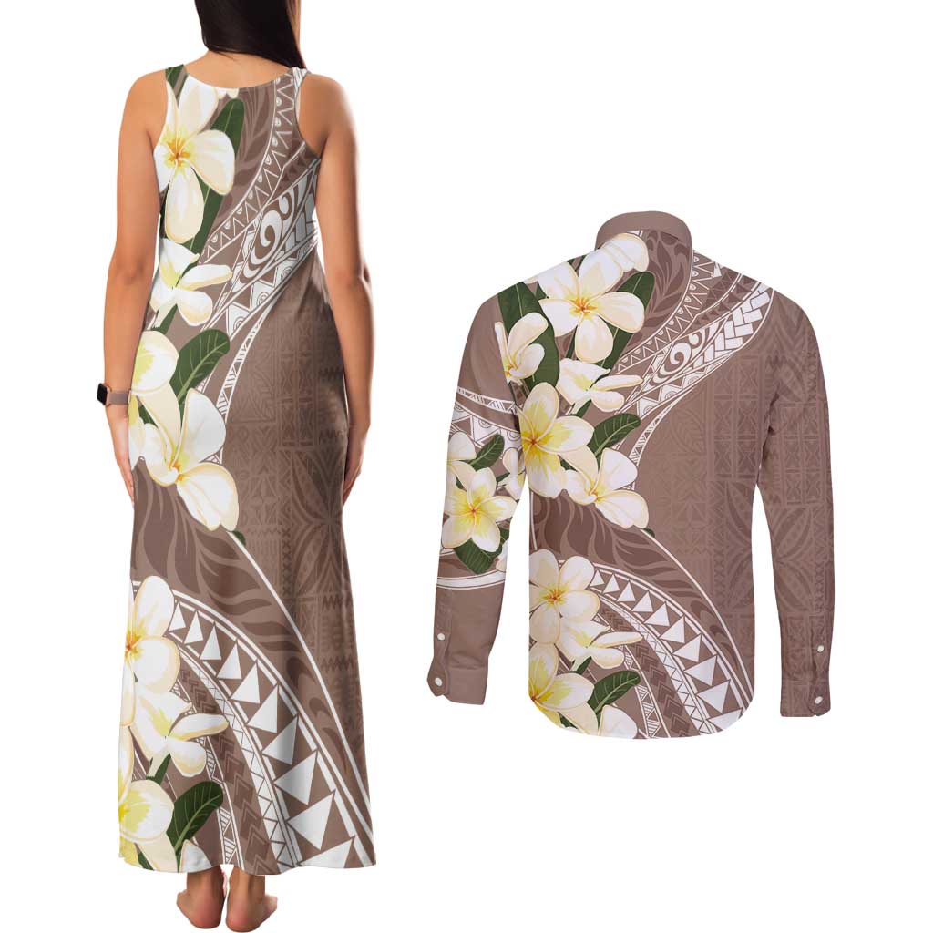 Aloha Hawaii Festive Couples Matching Tank Maxi Dress and Long Sleeve Button Shirt Frangipani Lace Classic - Beige LT7 - Polynesian Pride