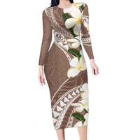 Aloha Hawaii Festive Family Matching Long Sleeve Bodycon Dress and Hawaiian Shirt Frangipani Lace Classic - Beige