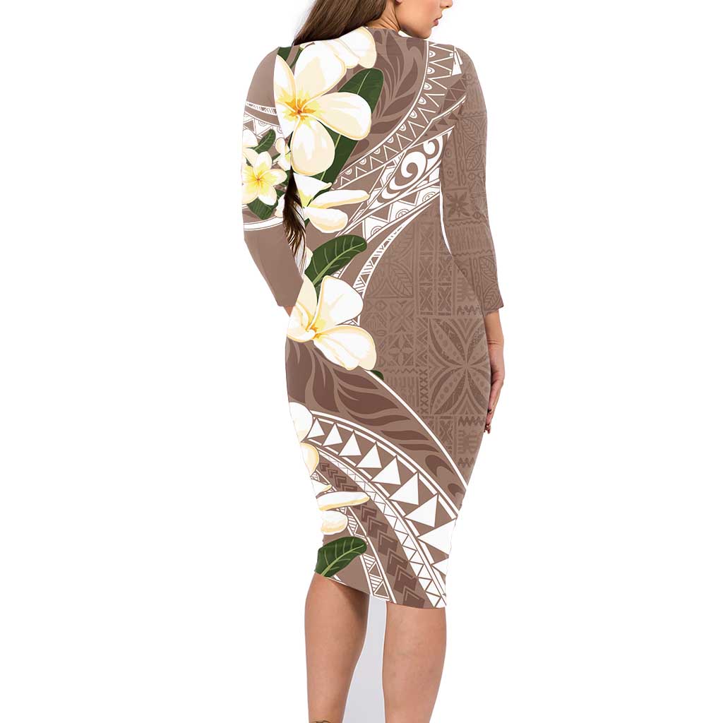 Aloha Hawaii Festive Family Matching Long Sleeve Bodycon Dress and Hawaiian Shirt Frangipani Lace Classic - Beige