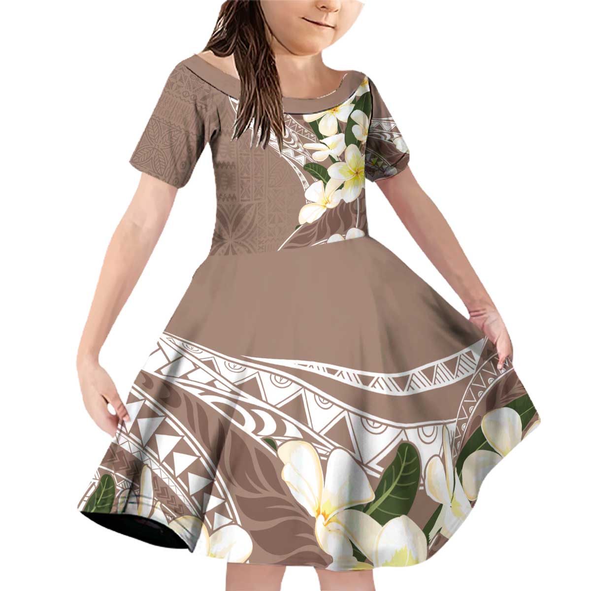 Aloha Hawaii Festive Family Matching Off Shoulder Short Dress and Hawaiian Shirt Frangipani Lace Classic - Beige LT7 Daughter's Dress Beige - Polynesian Pride