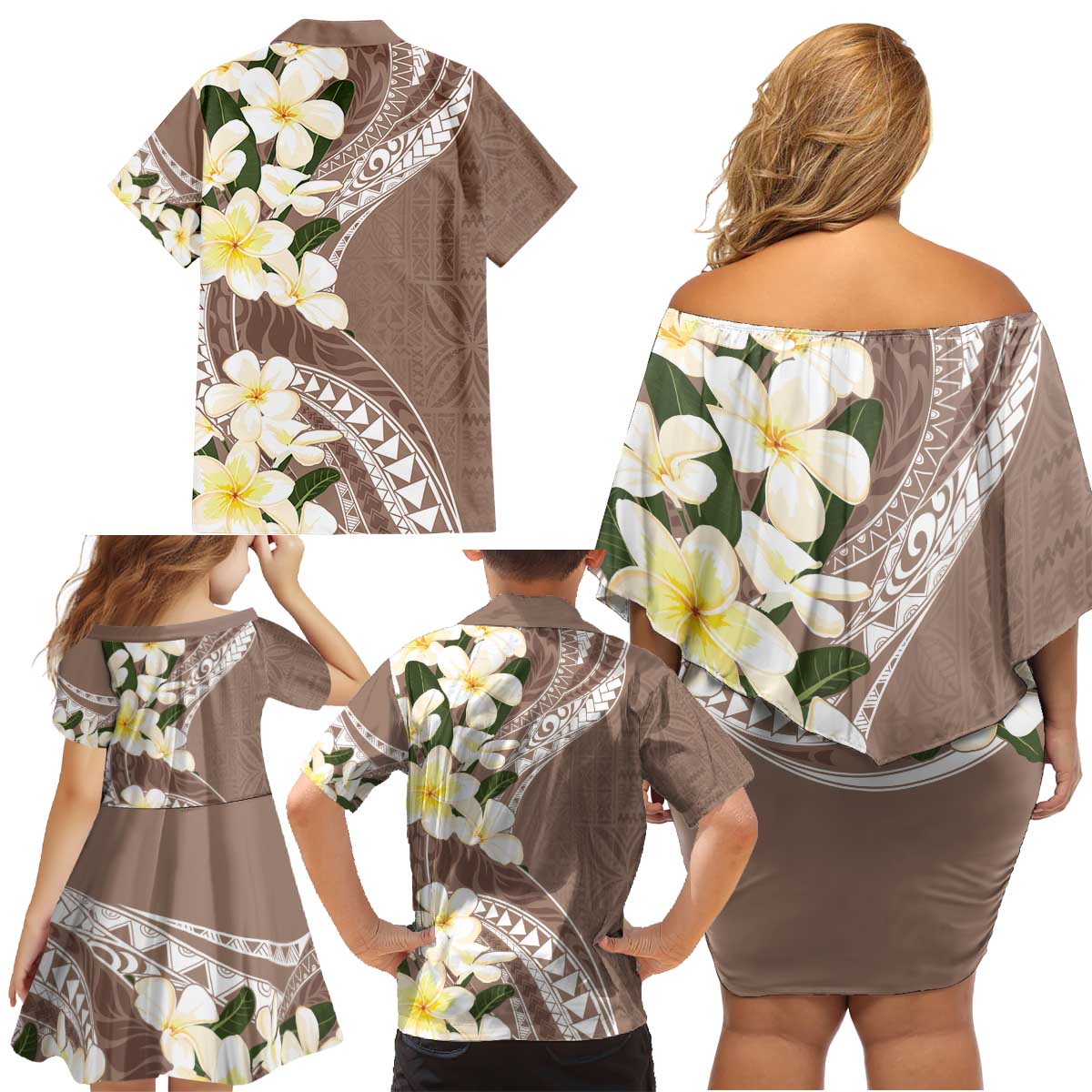 Aloha Hawaii Festive Family Matching Off Shoulder Short Dress and Hawaiian Shirt Frangipani Lace Classic - Beige LT7 - Polynesian Pride