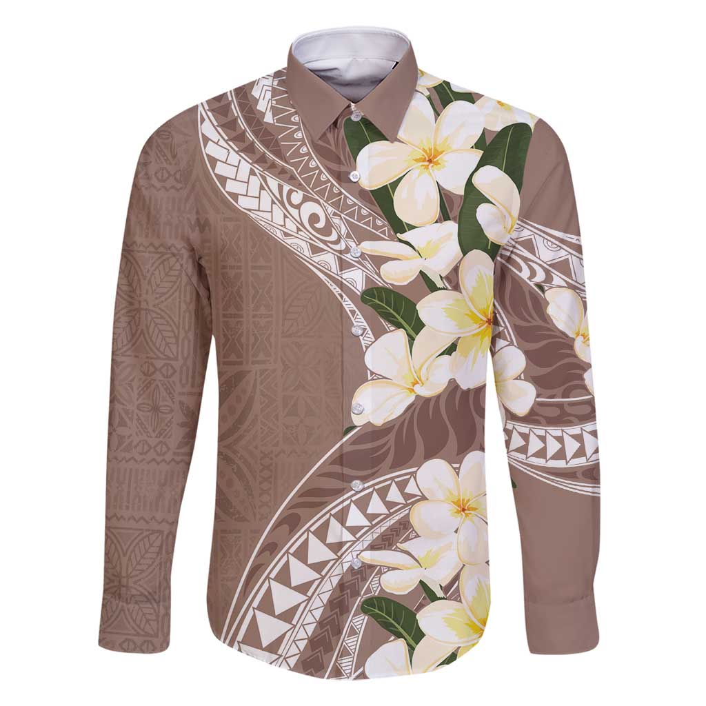 Aloha Hawaii Festive Family Matching Tank Maxi Dress and Hawaiian Shirt Frangipani Lace Classic - Beige LT7 Dad's Shirt - Long Sleeve Beige - Polynesian Pride