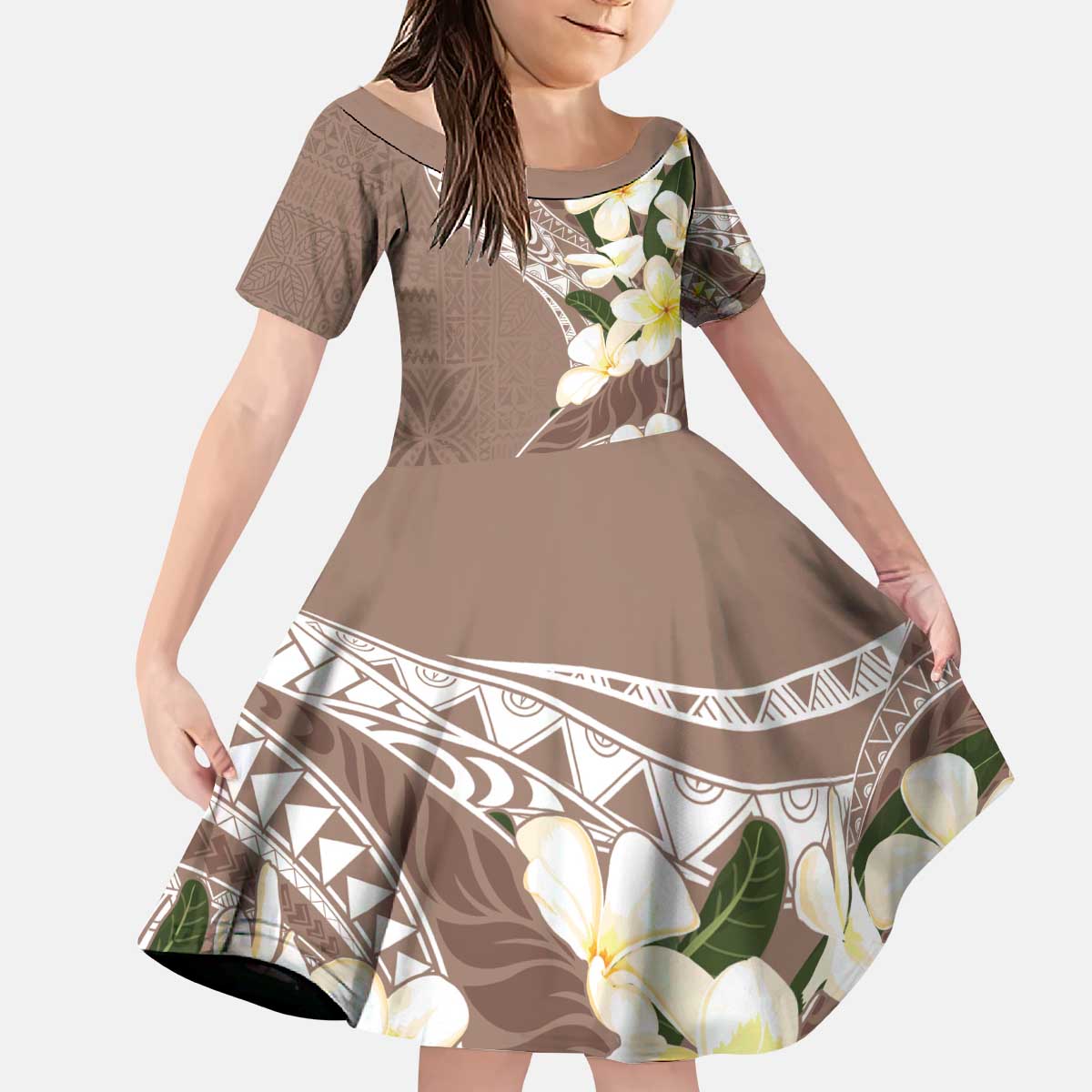 Aloha Hawaii Festive Kid Short Sleeve Dress Frangipani Lace Classic - Beige