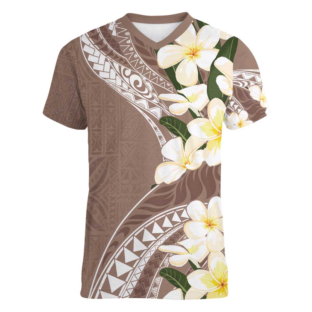 Aloha Hawaii Festive Women V-Neck T-Shirt Frangipani Lace Classic - Beige LT7 Female Beige - Polynesian Pride