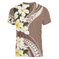 Aloha Hawaii Festive Women V-Neck T-Shirt Frangipani Lace Classic - Beige LT7 - Polynesian Pride