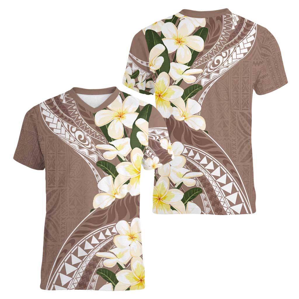 Aloha Hawaii Festive Women V-Neck T-Shirt Frangipani Lace Classic - Beige LT7 - Polynesian Pride