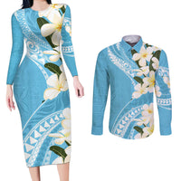 Aloha Hawaii Festive Couples Matching Long Sleeve Bodycon Dress and Long Sleeve Button Shirt Frangipani Lace Classic - Turquoise LT7 Turquoise - Polynesian Pride