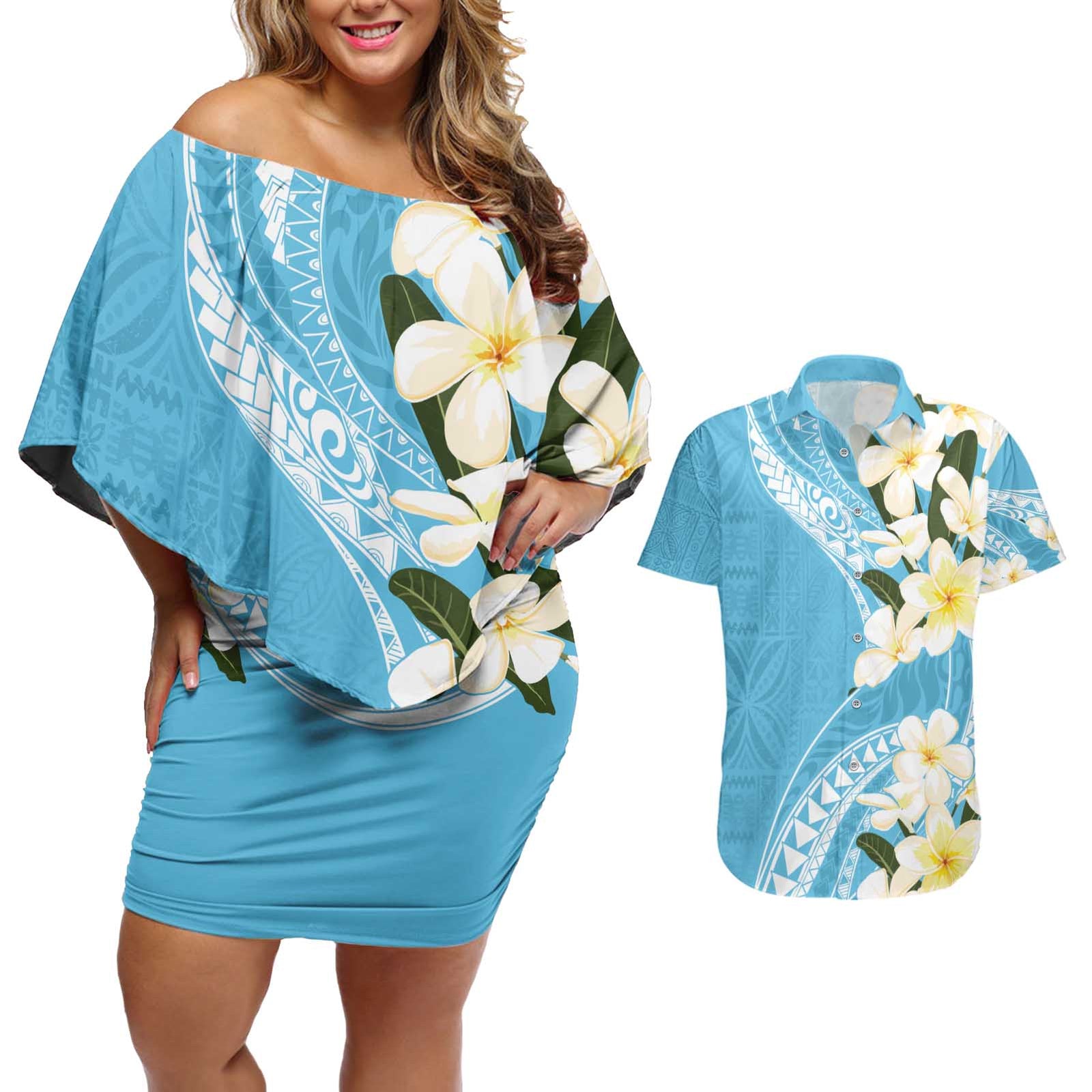 Aloha Hawaii Festive Couples Matching Off Shoulder Short Dress and Hawaiian Shirt Frangipani Lace Classic - Turquoise LT7 Turquoise - Polynesian Pride