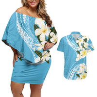 Aloha Hawaii Festive Couples Matching Off Shoulder Short Dress and Hawaiian Shirt Frangipani Lace Classic - Turquoise LT7 Turquoise - Polynesian Pride