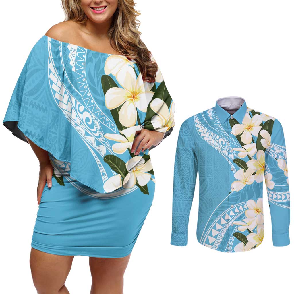 Aloha Hawaii Festive Couples Matching Off Shoulder Short Dress and Long Sleeve Button Shirt Frangipani Lace Classic - Turquoise LT7 Turquoise - Polynesian Pride
