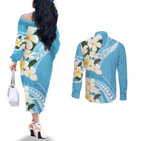 Aloha Hawaii Festive Couples Matching Off The Shoulder Long Sleeve Dress and Long Sleeve Button Shirt Frangipani Lace Classic - Turquoise LT7 - Polynesian Pride