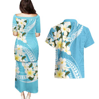 Aloha Hawaii Festive Couples Matching Puletasi and Hawaiian Shirt Frangipani Lace Classic - Turquoise LT7 - Polynesian Pride