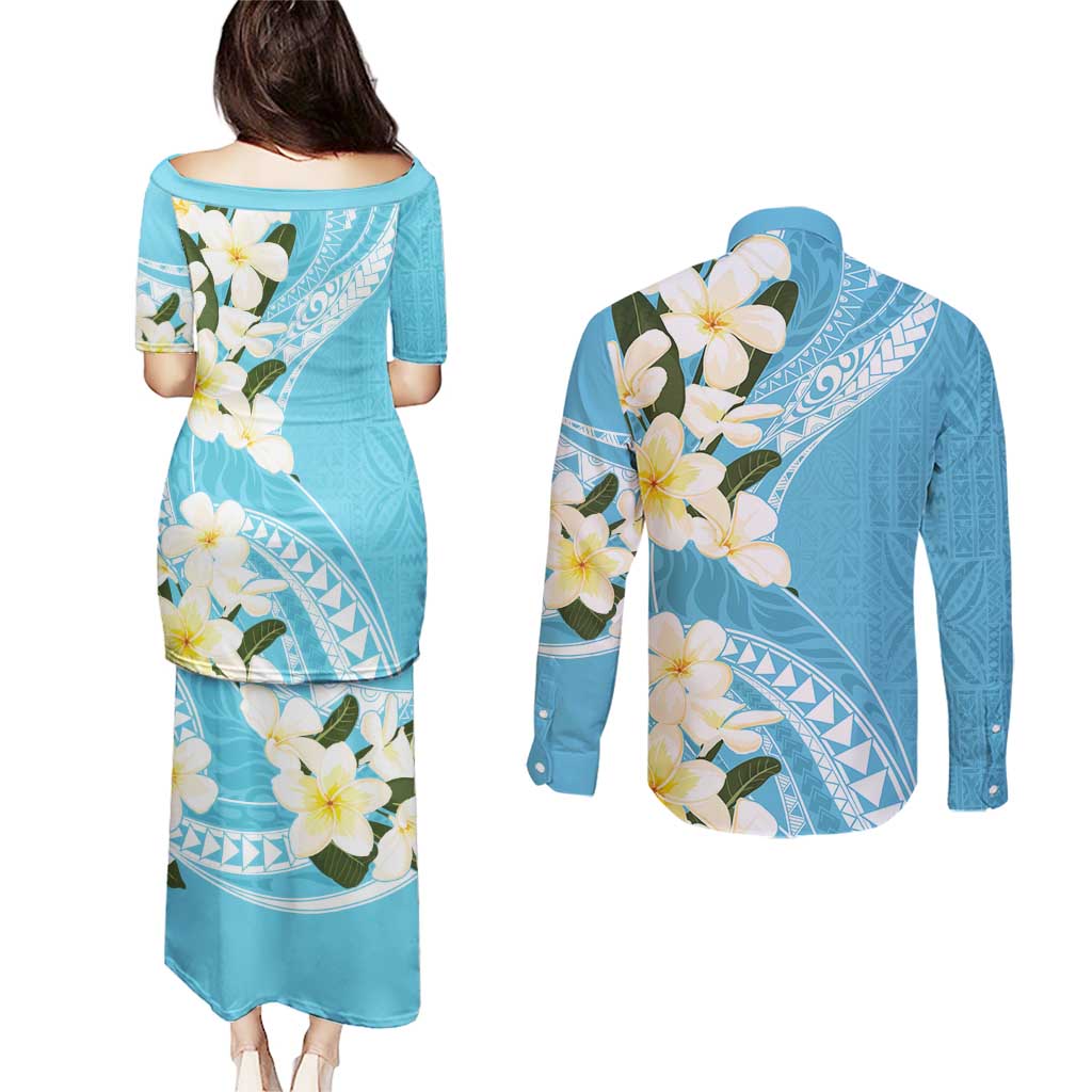 Aloha Hawaii Festive Couples Matching Puletasi and Long Sleeve Button Shirt Frangipani Lace Classic - Turquoise LT7 - Polynesian Pride