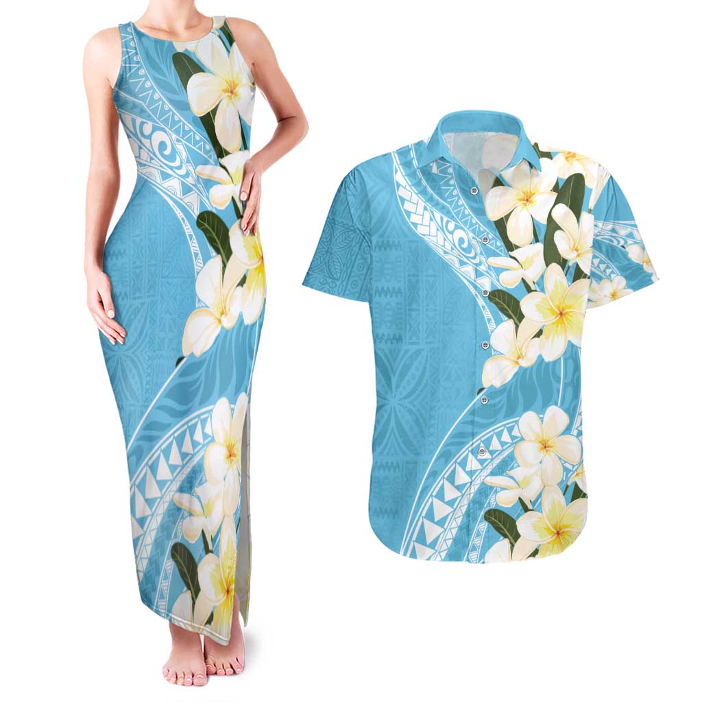 Aloha Hawaii Festive Couples Matching Tank Maxi Dress and Hawaiian Shirt Frangipani Lace Classic - Turquoise LT7 Turquoise - Polynesian Pride