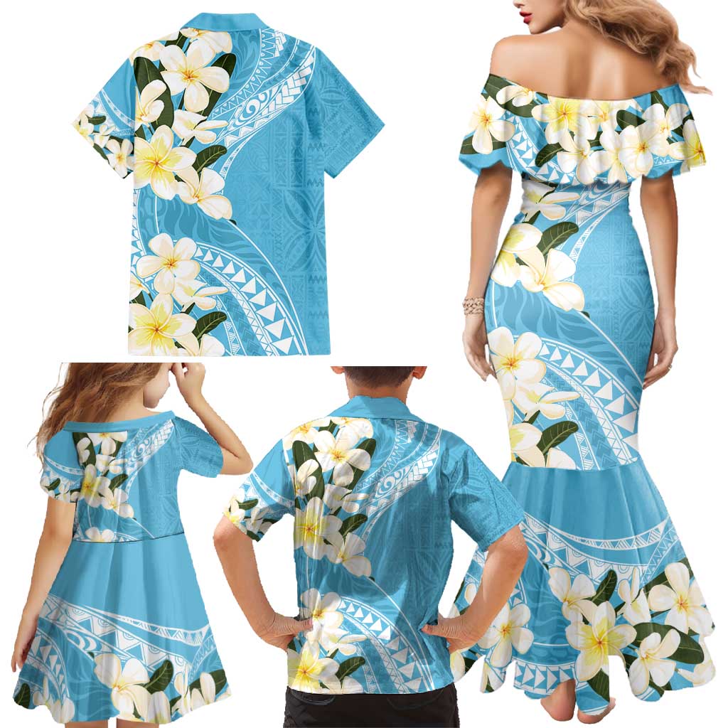 Aloha Hawaii Festive Family Matching Mermaid Dress and Hawaiian Shirt Frangipani Lace Classic - Turquoise LT7 - Polynesian Pride