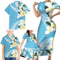 Aloha Hawaii Festive Family Matching Short Sleeve Bodycon Dress and Hawaiian Shirt Frangipani Lace Classic - Turquoise LT7 - Polynesian Pride
