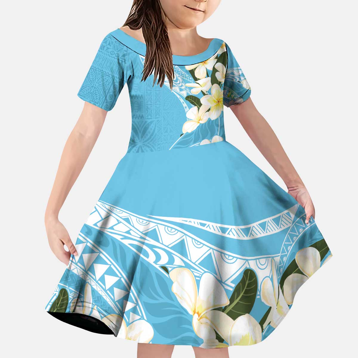 Aloha Hawaii Festive Kid Short Sleeve Dress Frangipani Lace Classic - Turquoise