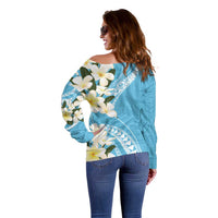 Aloha Hawaii Festive Off Shoulder Sweater Frangipani Lace Classic - Turquoise