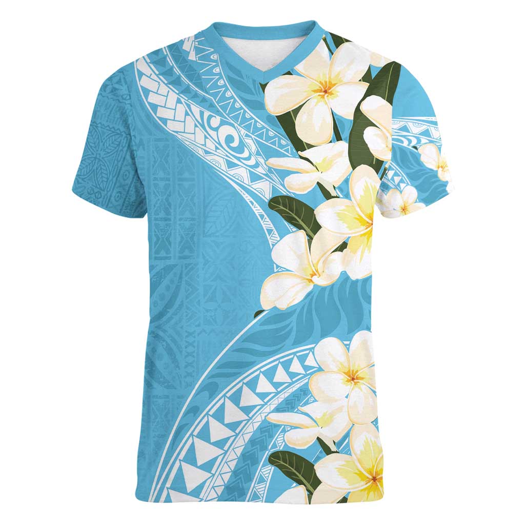 Aloha Hawaii Festive Women V-Neck T-Shirt Frangipani Lace Classic - Turquoise LT7 Female Turquoise - Polynesian Pride