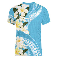 Aloha Hawaii Festive Women V-Neck T-Shirt Frangipani Lace Classic - Turquoise LT7 - Polynesian Pride