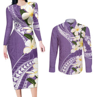 Aloha Hawaii Festive Couples Matching Long Sleeve Bodycon Dress and Long Sleeve Button Shirt Frangipani Lace Classic - Lavender LT7 Lavender - Polynesian Pride