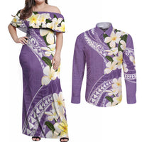 Aloha Hawaii Festive Couples Matching Off Shoulder Maxi Dress and Long Sleeve Button Shirt Frangipani Lace Classic - Lavender LT7 Lavender - Polynesian Pride