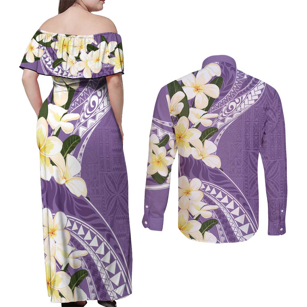 Aloha Hawaii Festive Couples Matching Off Shoulder Maxi Dress and Long Sleeve Button Shirt Frangipani Lace Classic - Lavender LT7 - Polynesian Pride