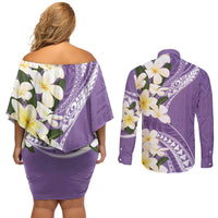 Aloha Hawaii Festive Couples Matching Off Shoulder Short Dress and Long Sleeve Button Shirt Frangipani Lace Classic - Lavender LT7 - Polynesian Pride
