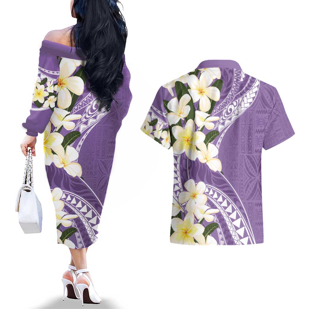 Aloha Hawaii Festive Couples Matching Off The Shoulder Long Sleeve Dress and Hawaiian Shirt Frangipani Lace Classic - Lavender