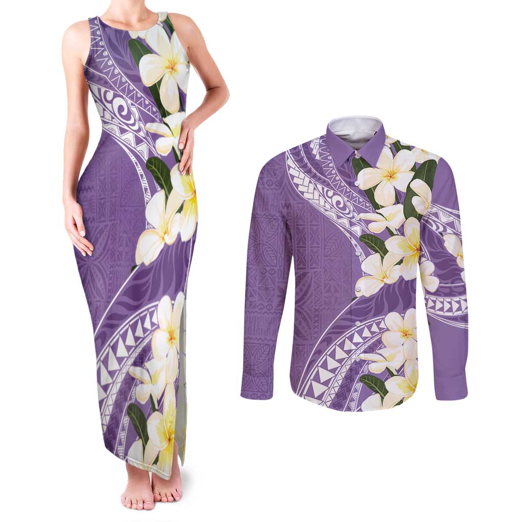 Aloha Hawaii Festive Couples Matching Tank Maxi Dress and Long Sleeve Button Shirt Frangipani Lace Classic - Lavender LT7 Lavender - Polynesian Pride
