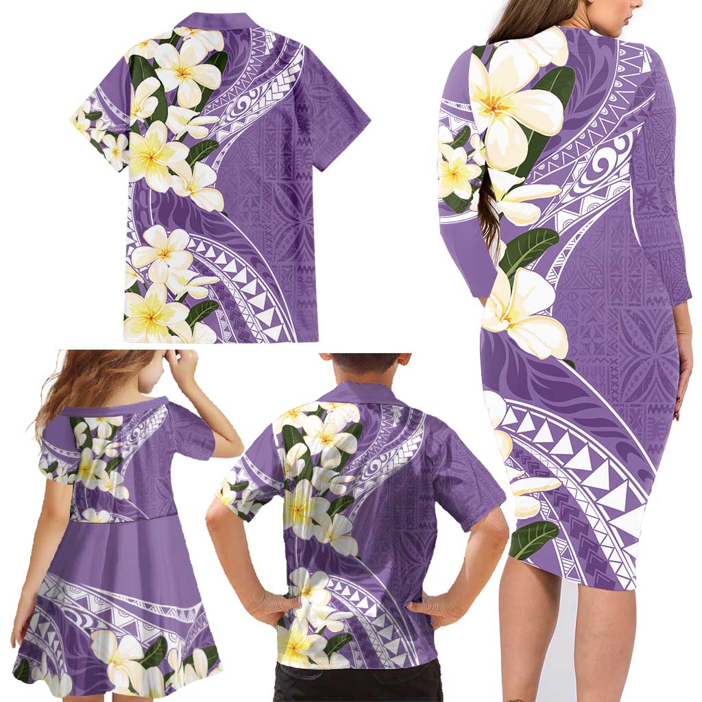 Aloha Hawaii Festive Family Matching Long Sleeve Bodycon Dress and Hawaiian Shirt Frangipani Lace Classic - Lavender