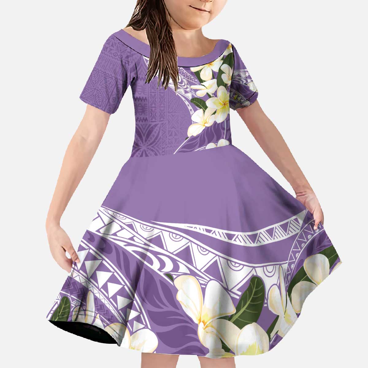 Aloha Hawaii Festive Family Matching Off The Shoulder Long Sleeve Dress and Hawaiian Shirt Frangipani Lace Classic - Lavender