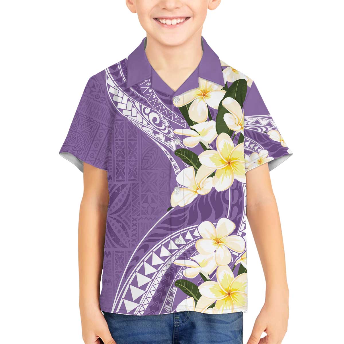Aloha Hawaii Festive Family Matching Off Shoulder Short Dress and Hawaiian Shirt Frangipani Lace Classic - Lavender