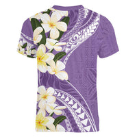 Aloha Hawaii Festive Women V-Neck T-Shirt Frangipani Lace Classic - Lavender LT7 - Polynesian Pride