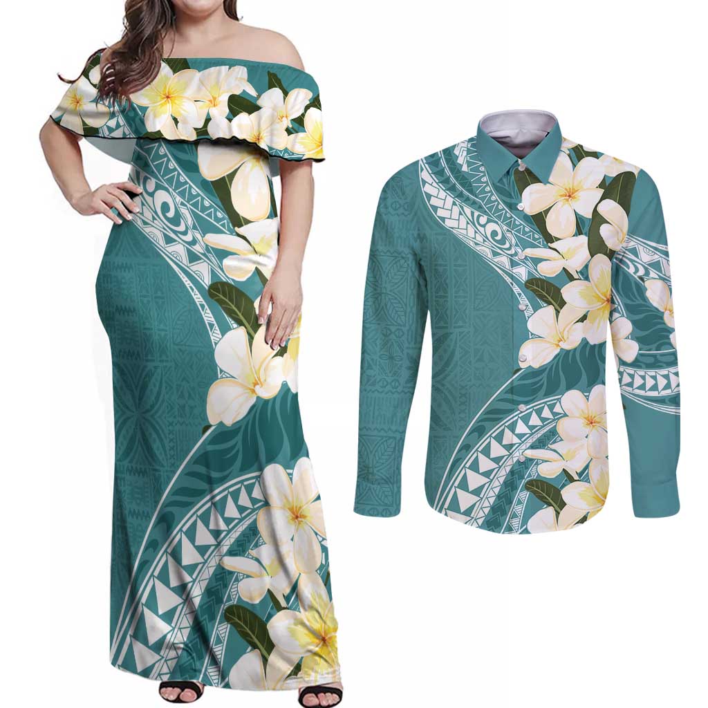 Aloha Hawaii Festive Couples Matching Off Shoulder Maxi Dress and Long Sleeve Button Shirt Frangipani Lace Classic - Teal LT7 Teal - Polynesian Pride