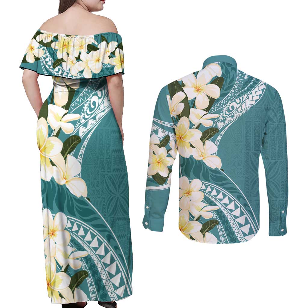 Aloha Hawaii Festive Couples Matching Off Shoulder Maxi Dress and Long Sleeve Button Shirt Frangipani Lace Classic - Teal LT7 - Polynesian Pride