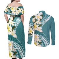 Aloha Hawaii Festive Couples Matching Off Shoulder Maxi Dress and Long Sleeve Button Shirt Frangipani Lace Classic - Teal LT7 - Polynesian Pride