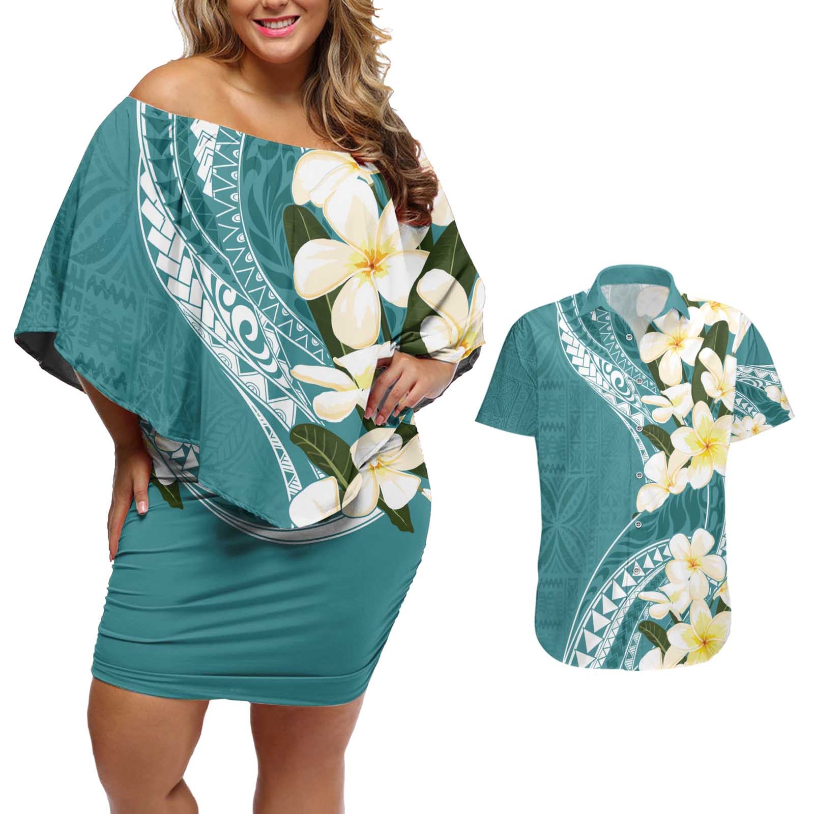 Aloha Hawaii Festive Couples Matching Off Shoulder Short Dress and Hawaiian Shirt Frangipani Lace Classic - Teal LT7 Teal - Polynesian Pride